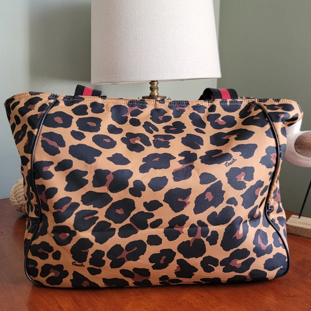 Coach C5668 Court Leopard Print Nylon Tote Pebbled Leather Black Tan Bag